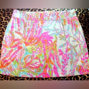 LILLY PULITZER Hot Pink Multi Cotton Mini Skort Size 10 Palm Tree Zip Pockets